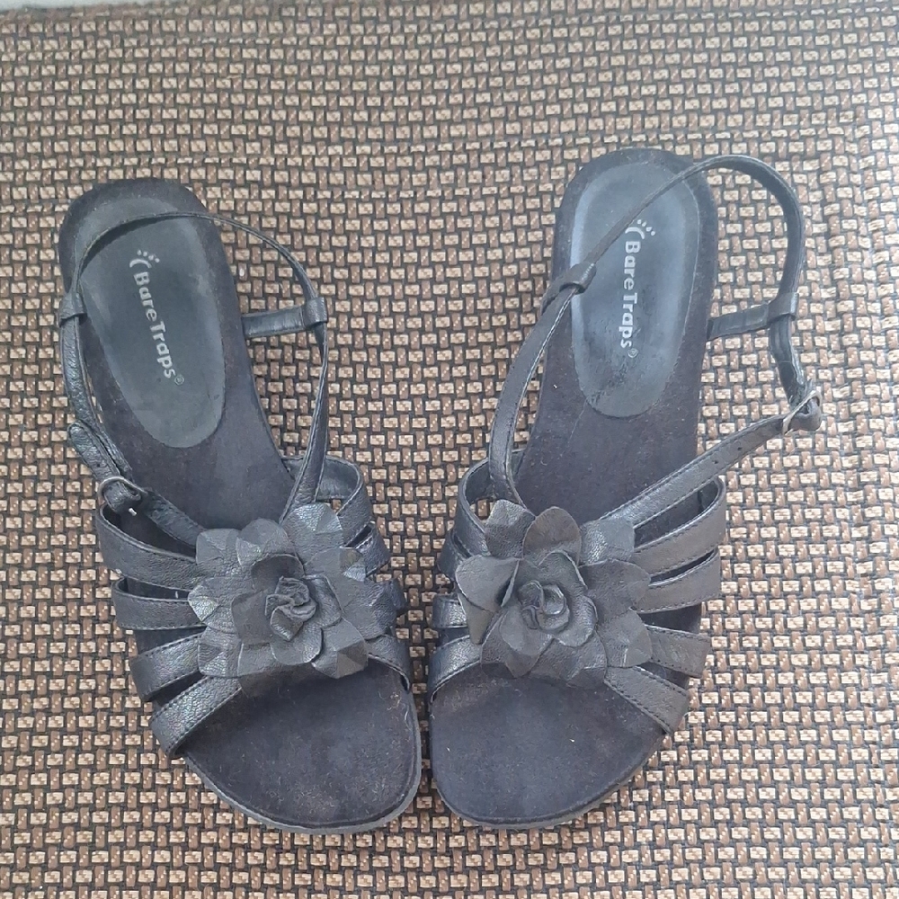 Black BareTraps Sandals with Floral Accent